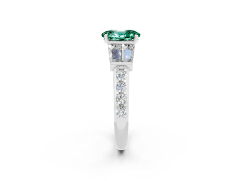 White gold Oval Cut Green Sapphire Engagement Ring with Baguette Side Stones and Channel Set Band_2