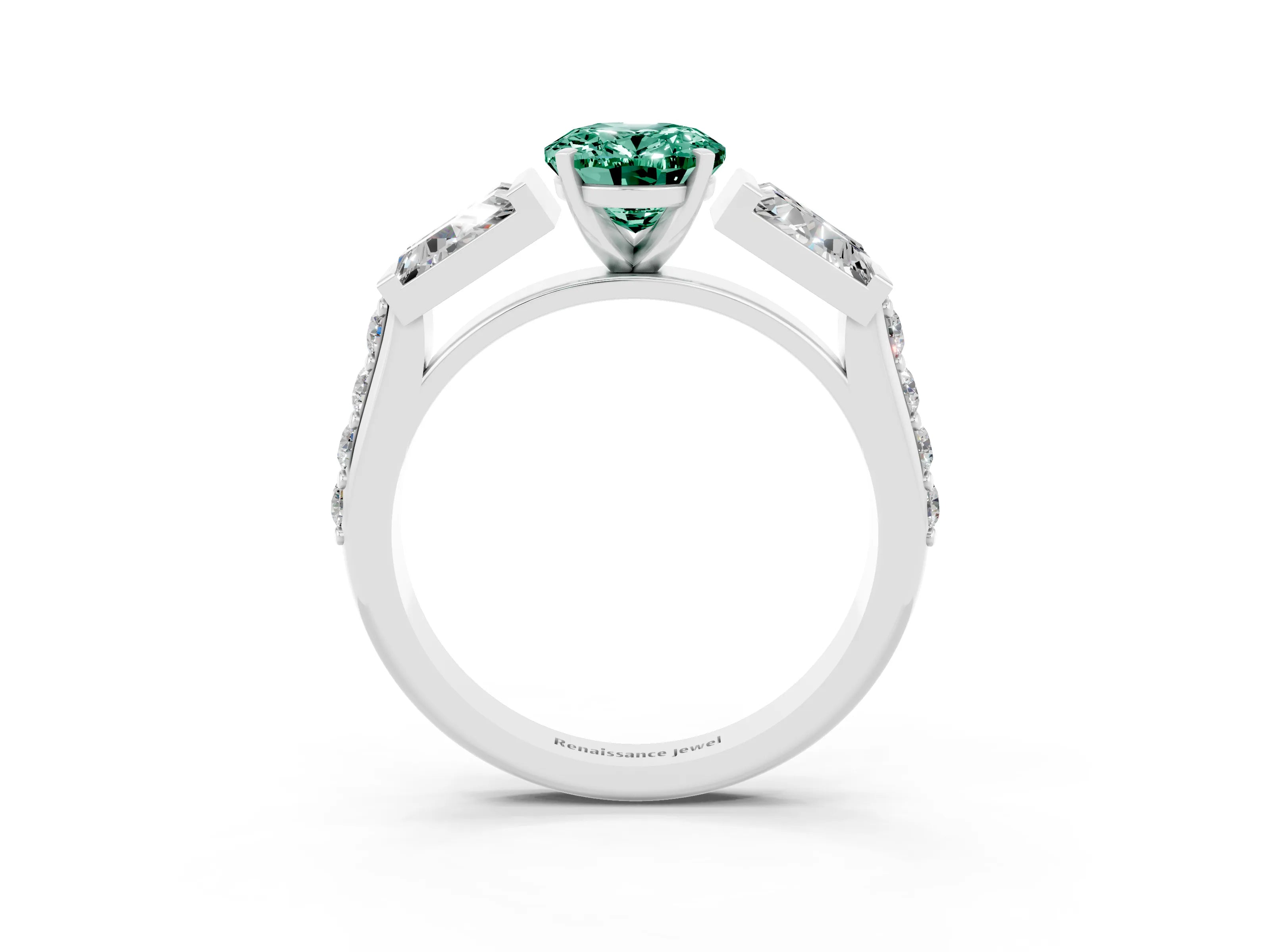 White gold Oval Cut Green Sapphire Engagement Ring with Baguette Side Stones and Channel Set Band_3