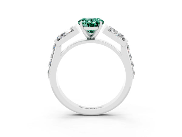 Silver Oval Cut Green Sapphire Engagement Ring with Baguette Side Stones and Channel Set Band