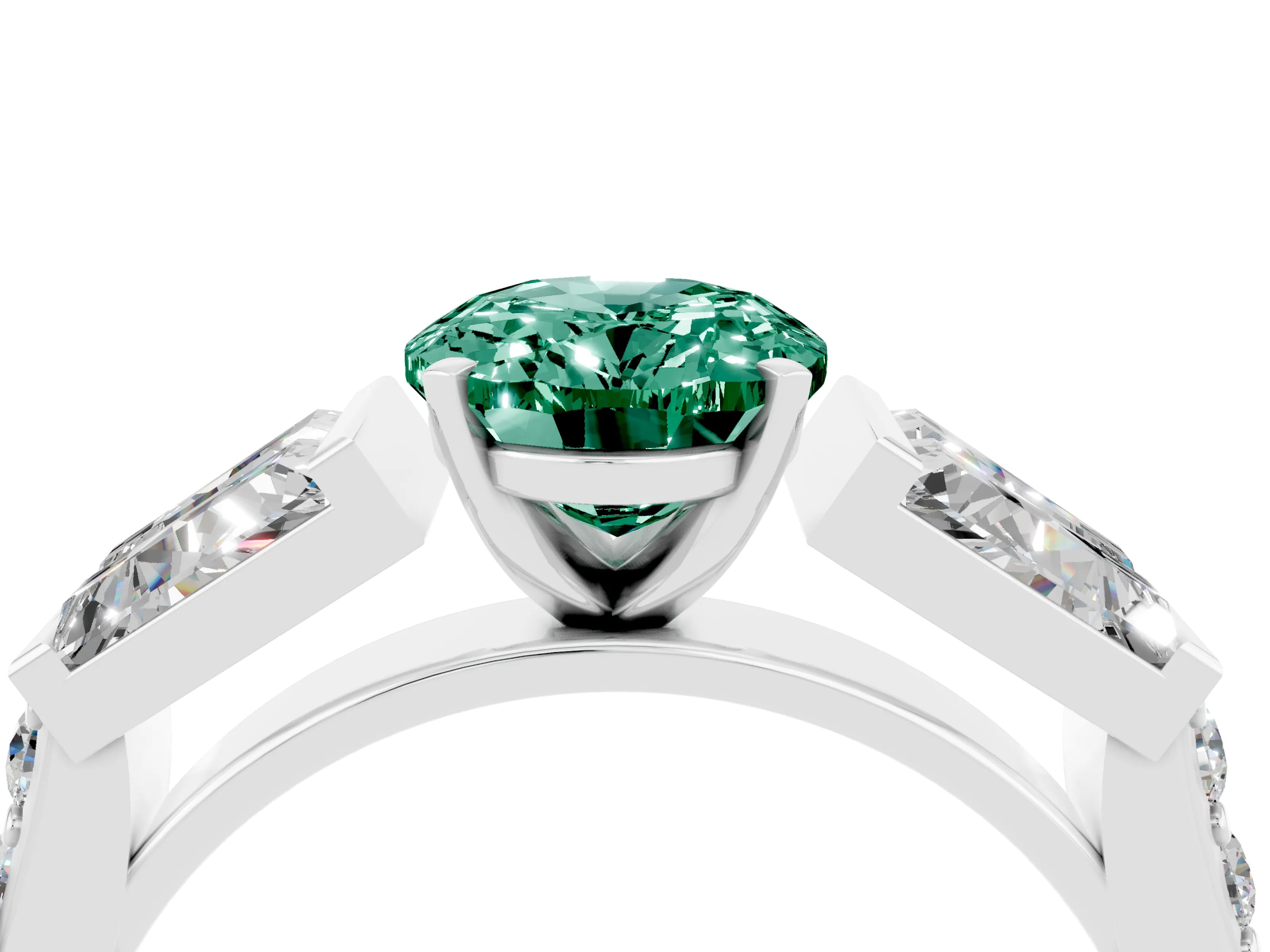 White gold Oval Cut Green Sapphire Engagement Ring with Baguette Side Stones and Channel Set Band_4