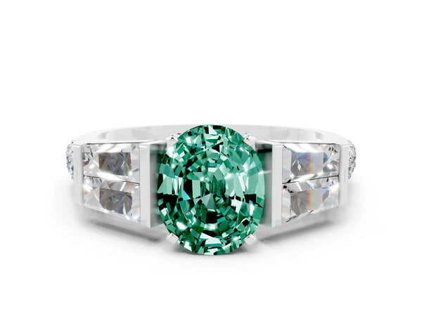 White gold Oval Cut Green Sapphire Engagement Ring with Baguette Side Stones and Channel Set Band