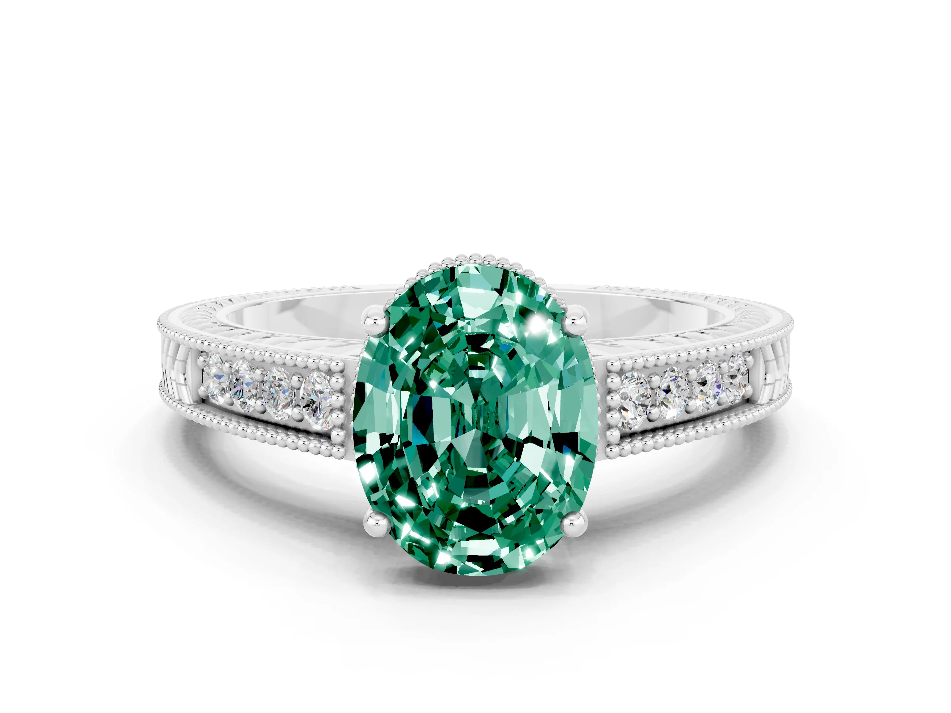 White gold Oval Cut Green Sapphire Engagement Ring with Milgrain Channel Set Band and Prong Setting