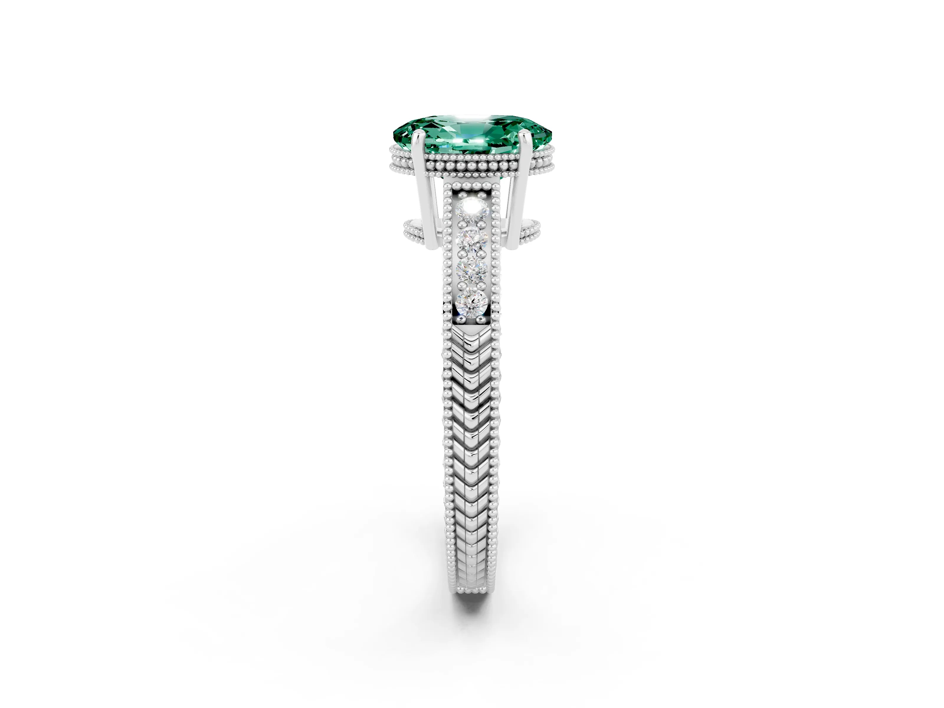 White gold Oval Cut Green Sapphire Engagement Ring with Milgrain Channel Set Band and Prong Setting_2