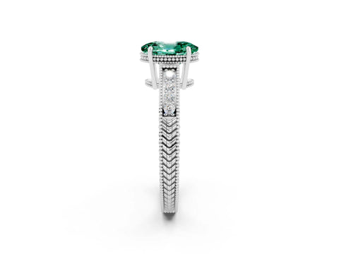 White gold Oval Cut Green Sapphire Engagement Ring with Milgrain Channel Set Band and Prong Setting_2