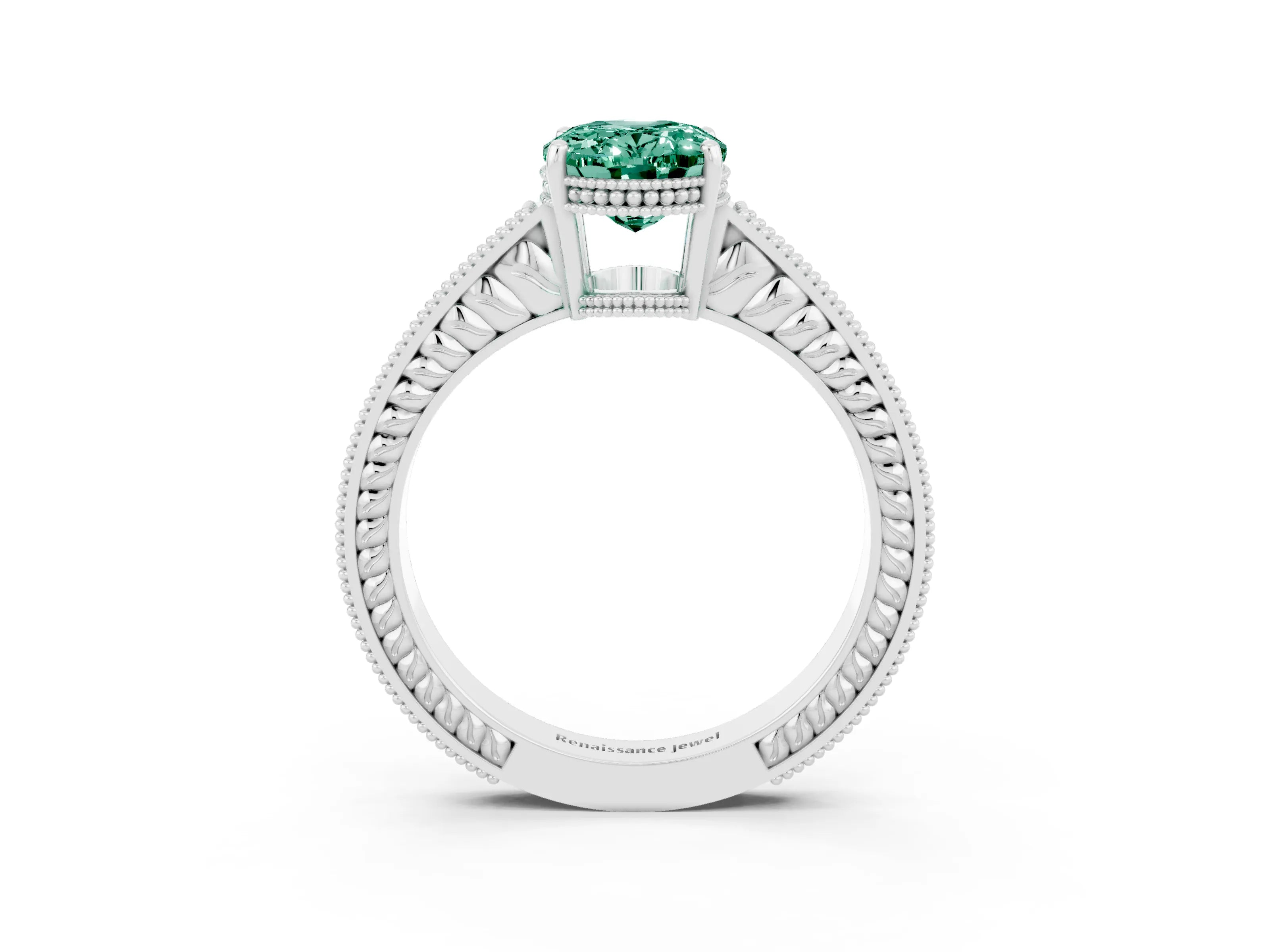 White gold Oval Cut Green Sapphire Engagement Ring with Milgrain Channel Set Band and Prong Setting_3