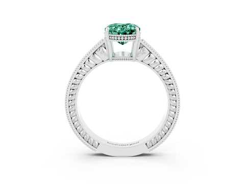 White gold Oval Cut Green Sapphire Engagement Ring with Milgrain Channel Set Band and Prong Setting_3