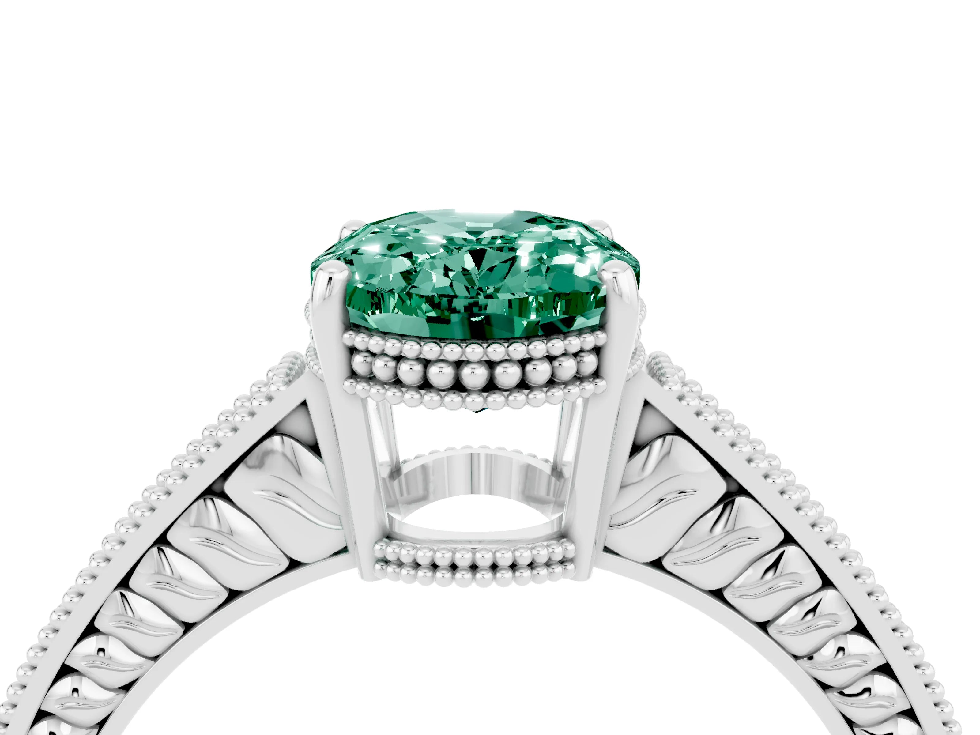White gold Oval Cut Green Sapphire Engagement Ring with Milgrain Channel Set Band and Prong Setting_4