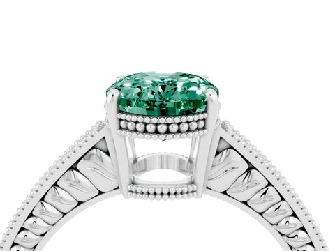 White gold Oval Cut Green Sapphire Engagement Ring with Milgrain Channel Set Band and Prong Setting_4
