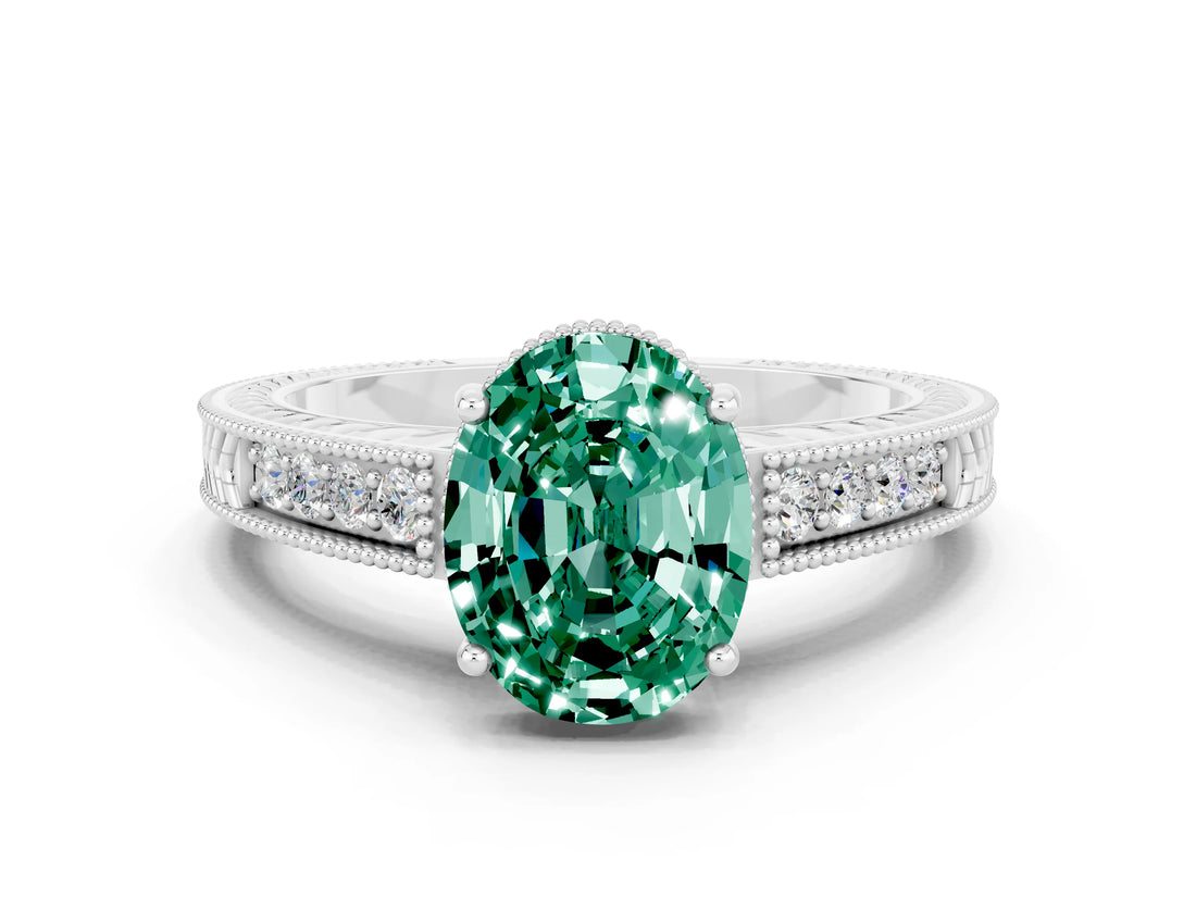 White gold Oval Cut Green Sapphire Engagement Ring with Milgrain Channel Set Band and Prong Setting