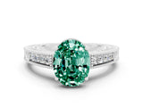 White gold Oval Cut Green Sapphire Engagement Ring with Milgrain Channel Set Band and Prong Setting