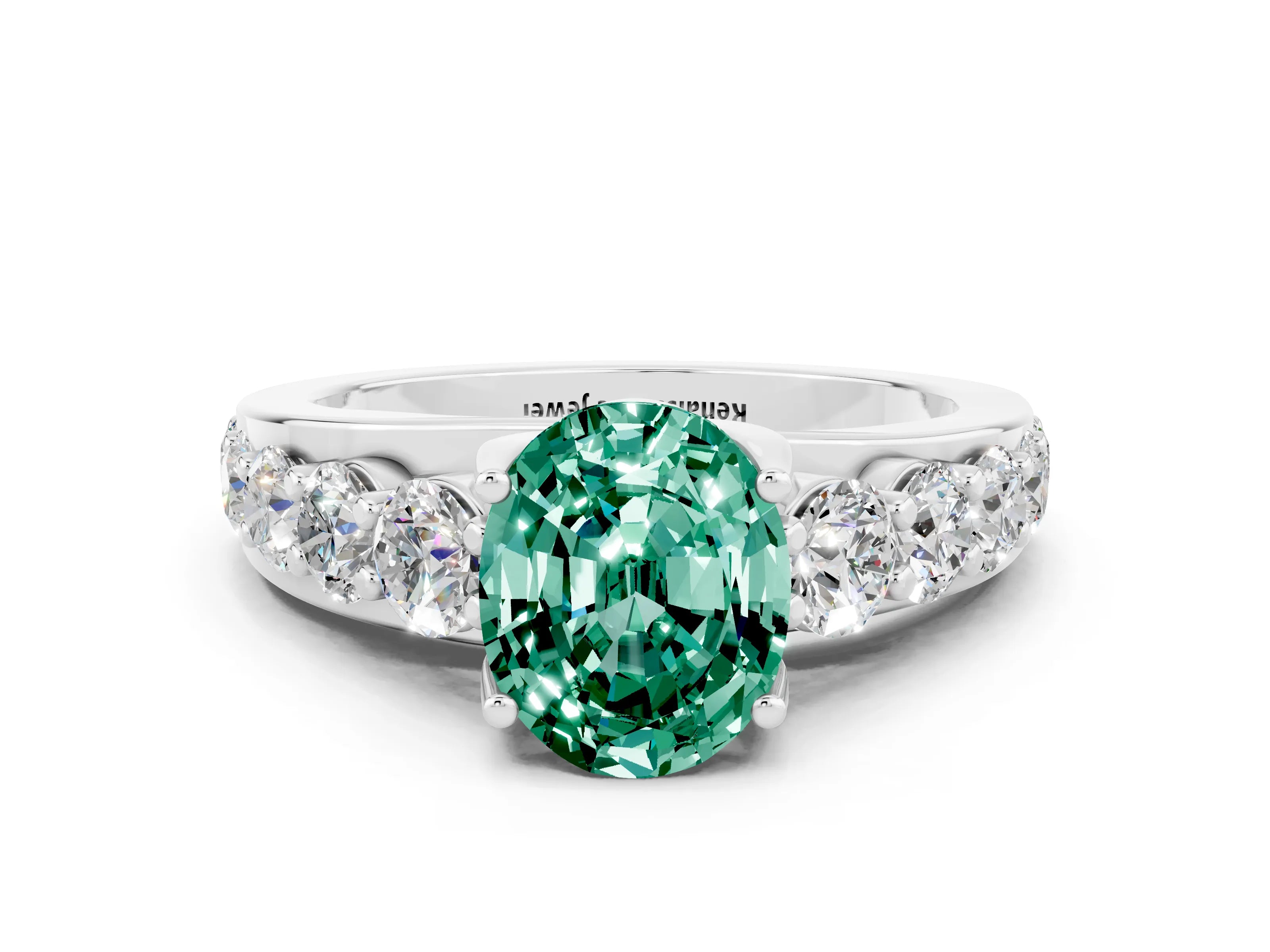 White gold Oval Cut Green Sapphire Engagement Ring with Pavé Band and Four-Prong Setting