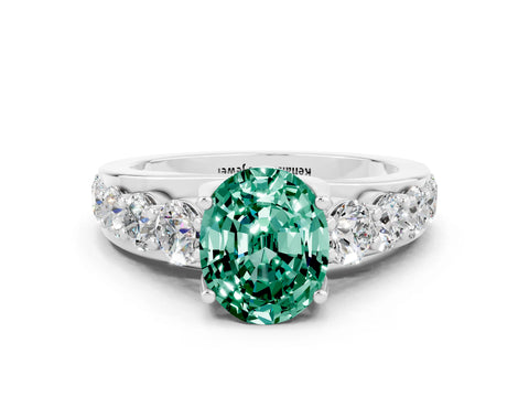 White gold Oval Cut Green Sapphire Engagement Ring with Pavé Band and Four-Prong Setting
