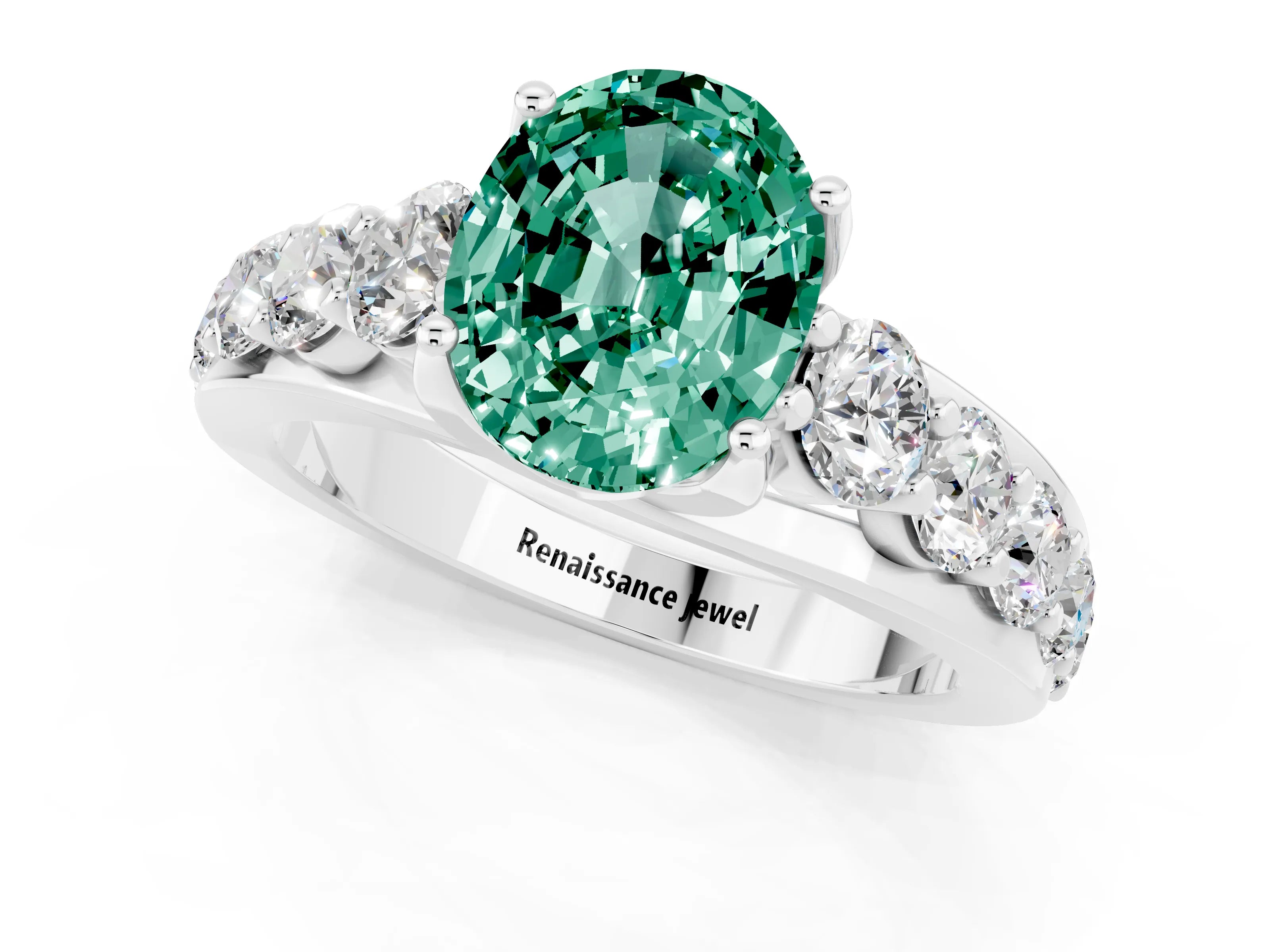 White gold Oval Cut Green Sapphire Engagement Ring with Pavé Band and Four-Prong Setting_1