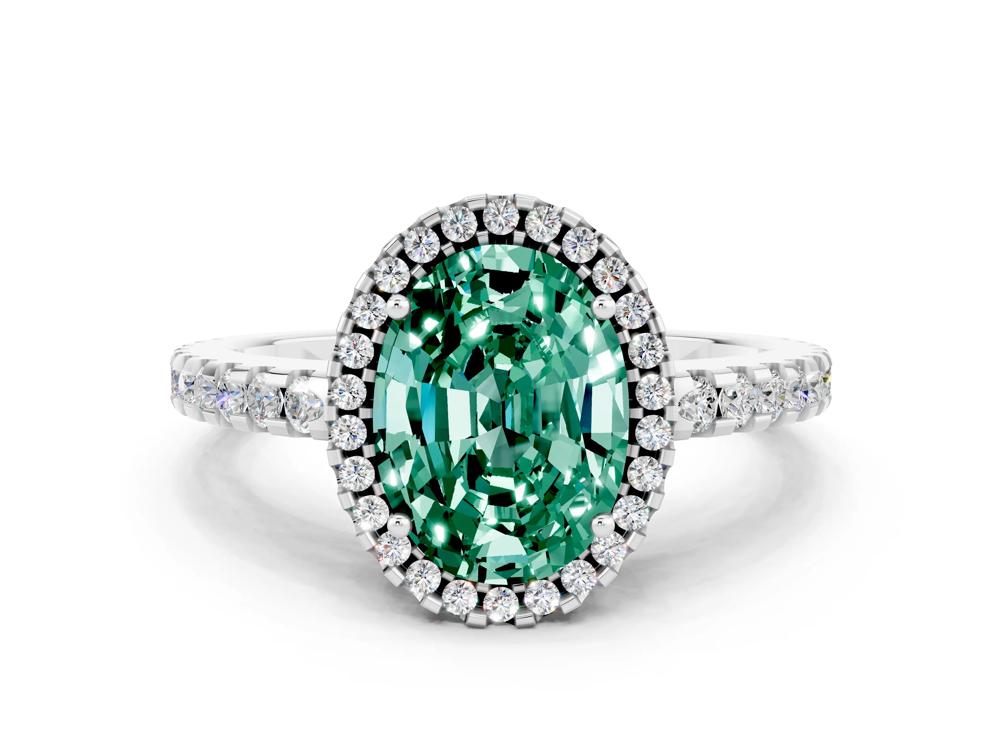 White gold Oval Cut Green Sapphire Halo Engagement Ring with Pavé Band and Prong Setting_12