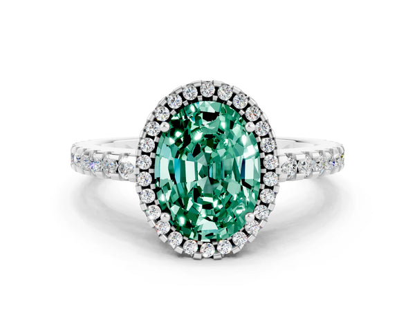 White gold Oval Cut Green Sapphire Halo Engagement Ring with Pavé Band and Prong Setting