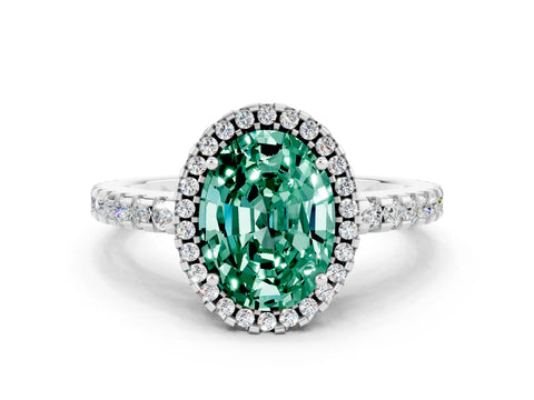 White gold Oval Cut Green Sapphire Halo Engagement Ring with Pavé Band and Prong Setting_12