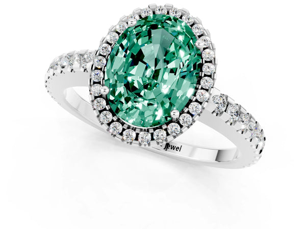 Platinum Oval Cut Green Sapphire Halo Engagement Ring with Pavé Band and Prong Setting
