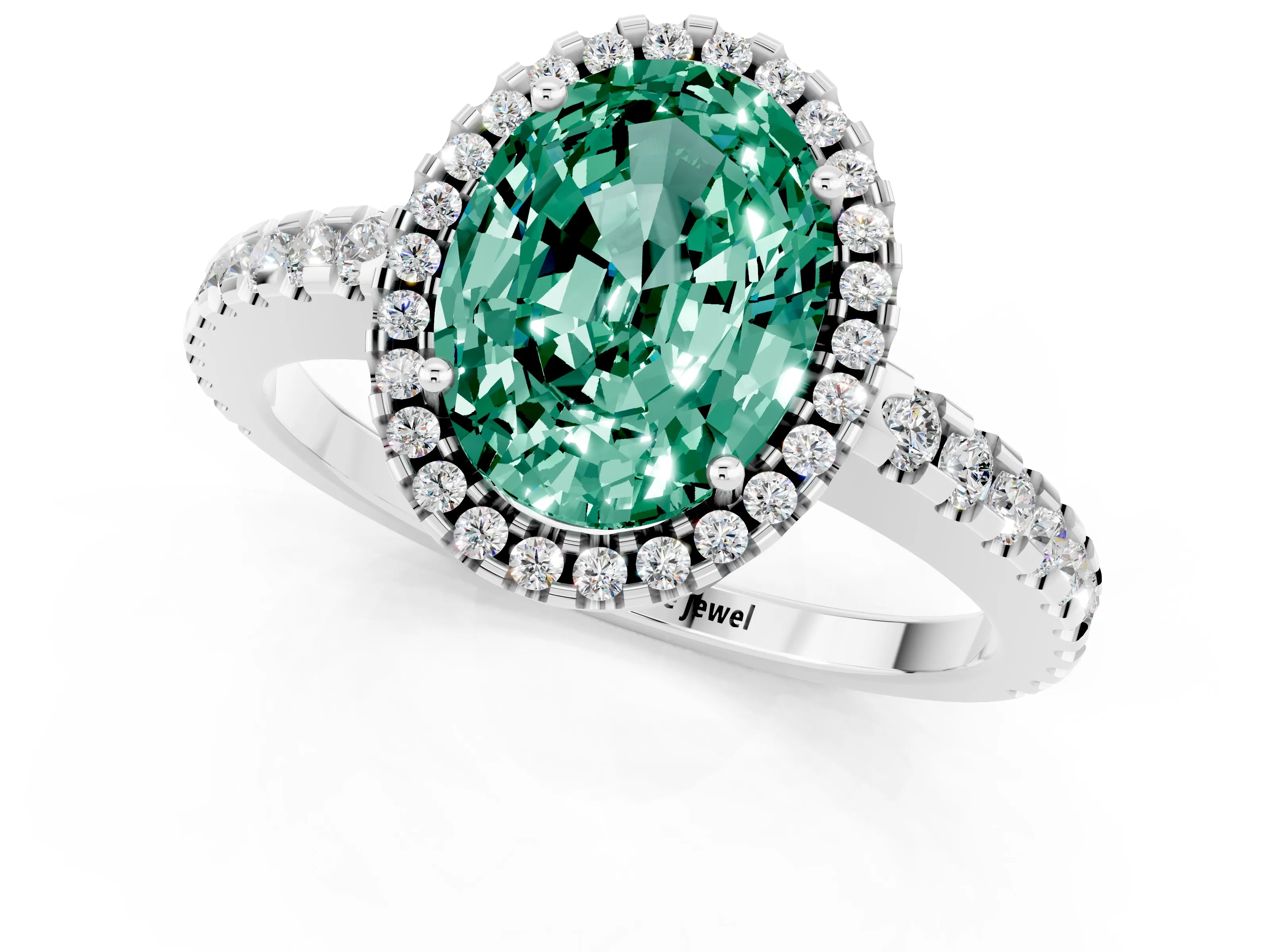 White gold Oval Cut Green Sapphire Halo Engagement Ring with Pavé Band and Prong Setting_13