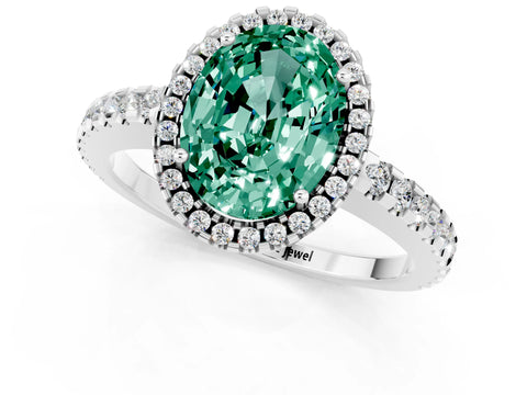 White gold Oval Cut Green Sapphire Halo Engagement Ring with Pavé Band and Prong Setting_13