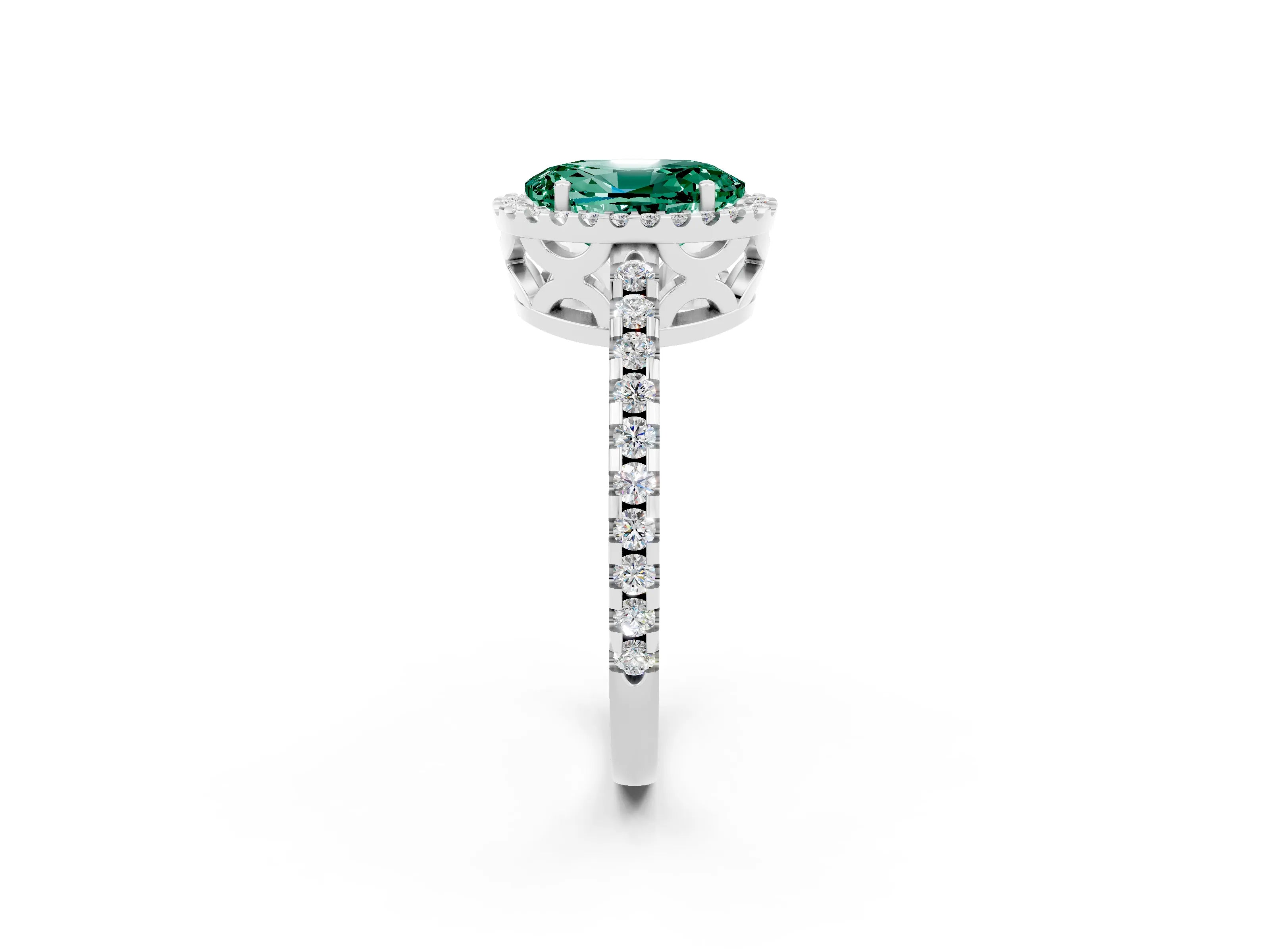 White gold Oval Cut Green Sapphire Halo Engagement Ring with Pavé Band and Prong Setting_14