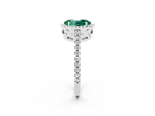 Platinum Oval Cut Green Sapphire Halo Engagement Ring with Pavé Band and Prong Setting
