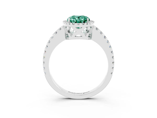 Silver Oval Cut Green Sapphire Halo Engagement Ring with Pavé Band and Prong Setting