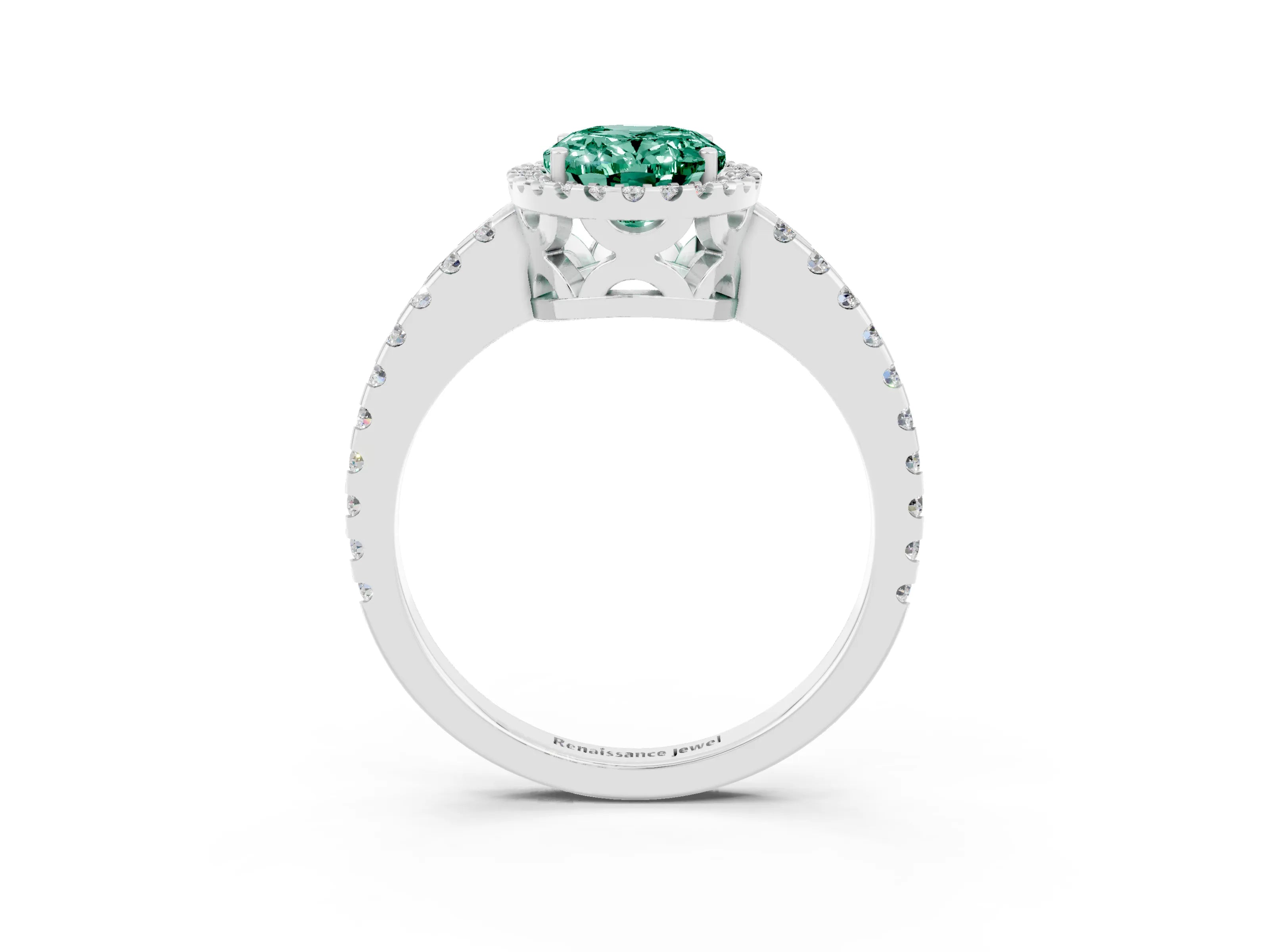 White gold Oval Cut Green Sapphire Halo Engagement Ring with Pavé Band and Prong Setting_15