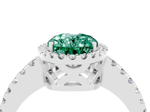 White gold Oval Cut Green Sapphire Halo Engagement Ring with Pavé Band and Prong Setting_16
