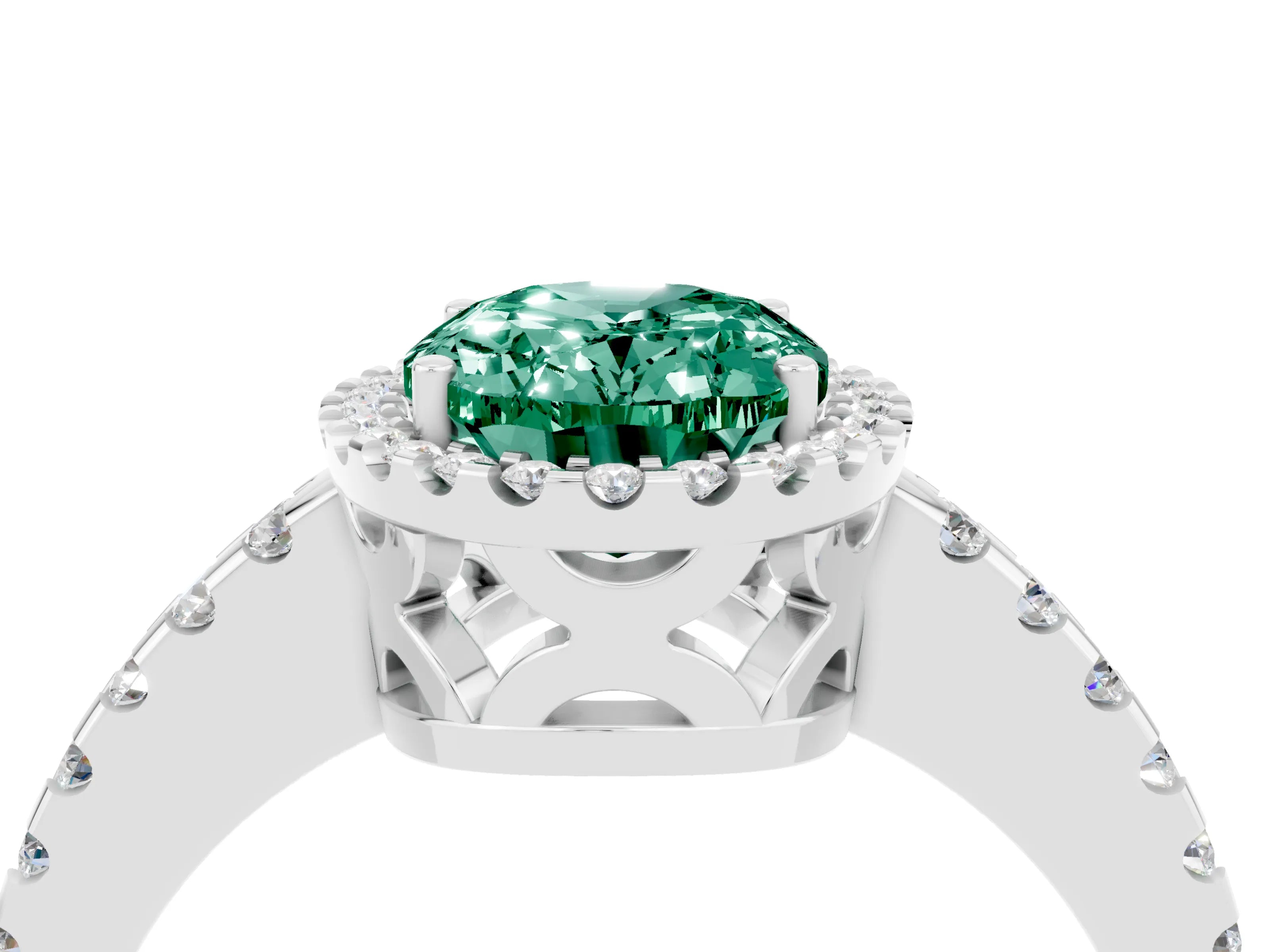 White gold Oval Cut Green Sapphire Halo Engagement Ring with Pavé Band and Prong Setting_16