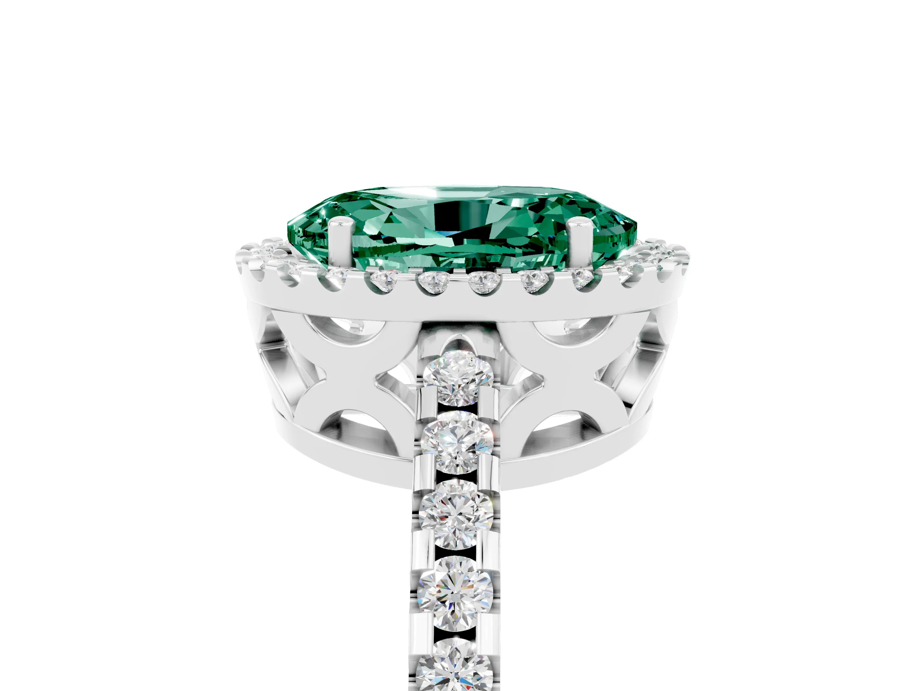 White gold Oval Cut Green Sapphire Halo Engagement Ring with Pavé Band and Prong Setting_17