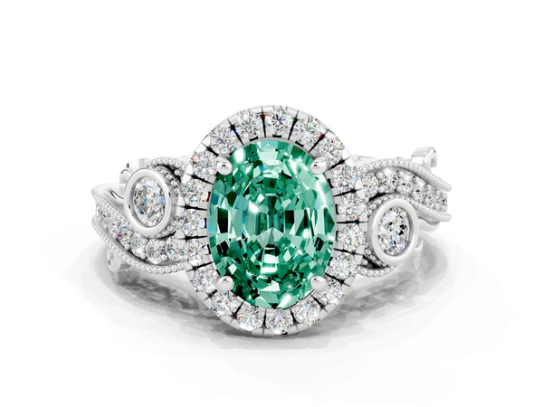 Platinum Oval Cut Green Sapphire Halo Ring with Milgrain Pavé Band and Four-Prong Setting