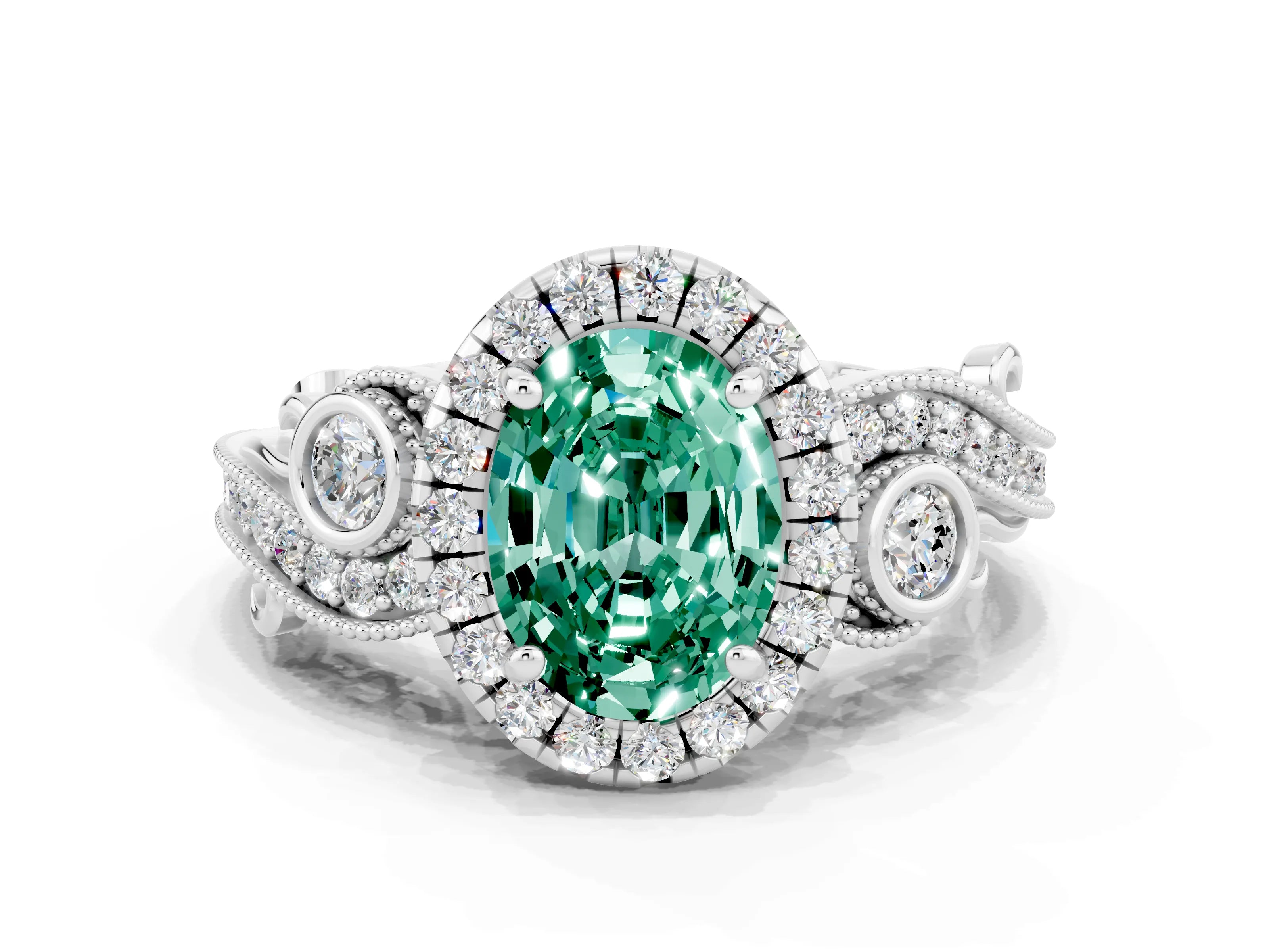 White gold Oval Cut Green Sapphire Halo Ring with Milgrain Pavé Band and Four-Prong Setting_12