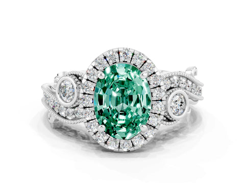 White gold Oval Cut Green Sapphire Halo Ring with Milgrain Pavé Band and Four-Prong Setting_12