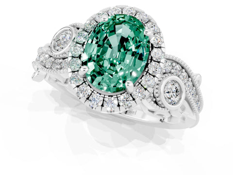 White gold Oval Cut Green Sapphire Halo Ring with Milgrain Pavé Band and Four-Prong Setting_13