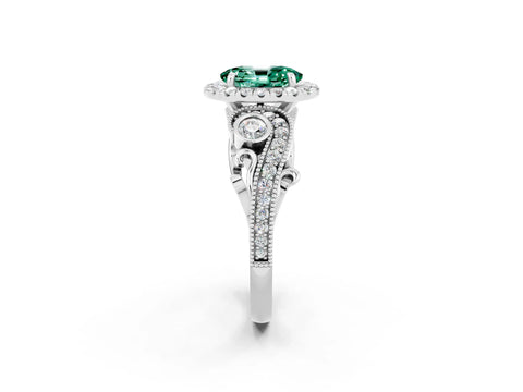 White gold Oval Cut Green Sapphire Halo Ring with Milgrain Pavé Band and Four-Prong Setting_14