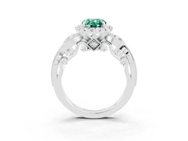 Silver Oval Cut Green Sapphire Halo Ring with Milgrain Pavé Band and Four-Prong Setting