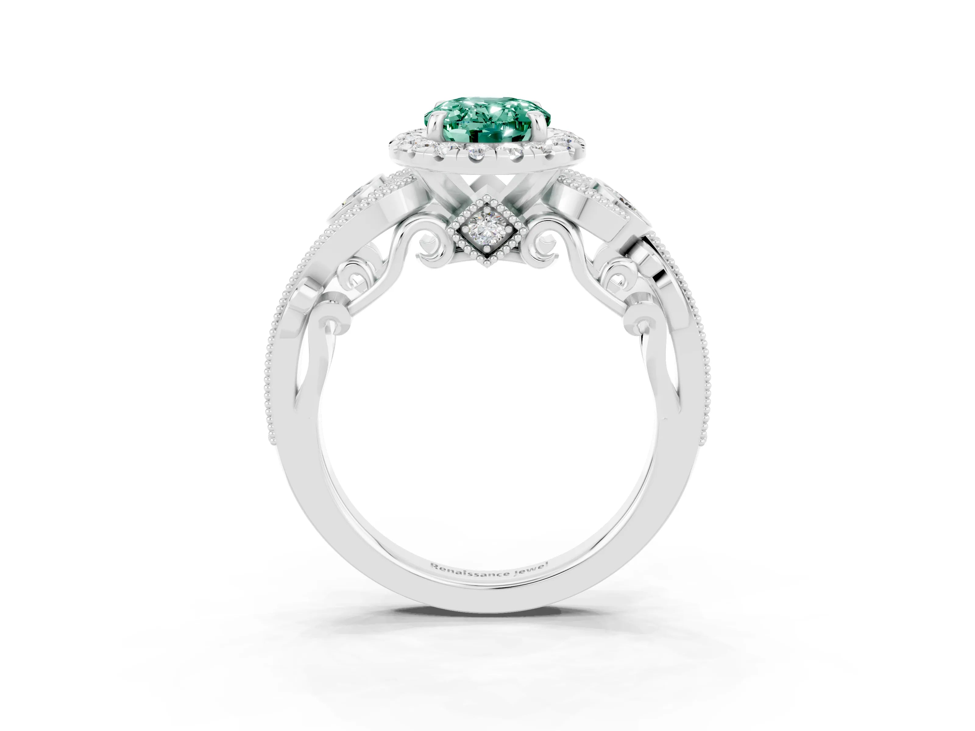 White gold Oval Cut Green Sapphire Halo Ring with Milgrain Pavé Band and Four-Prong Setting_15