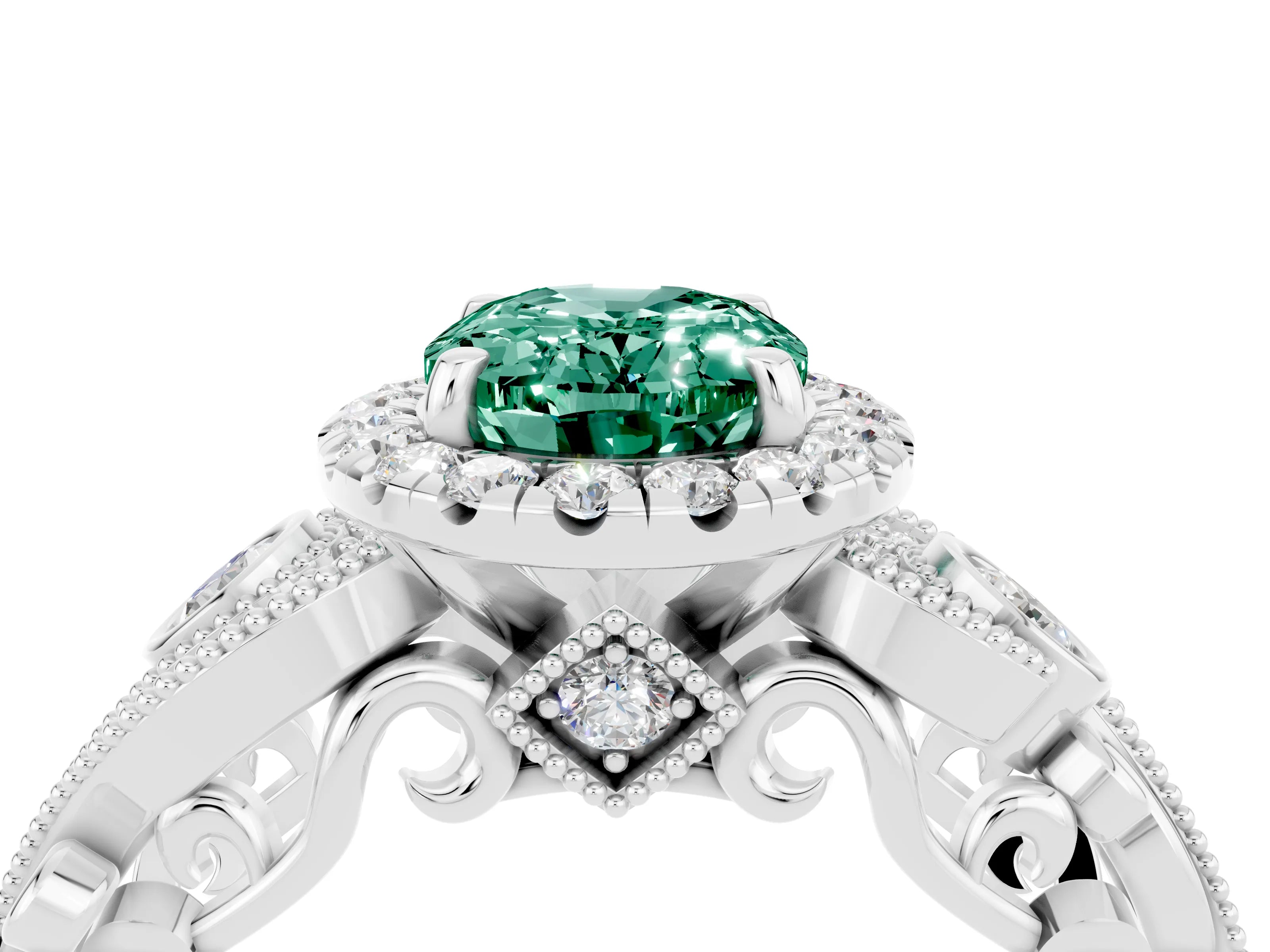 White gold Oval Cut Green Sapphire Halo Ring with Milgrain Pavé Band and Four-Prong Setting_16