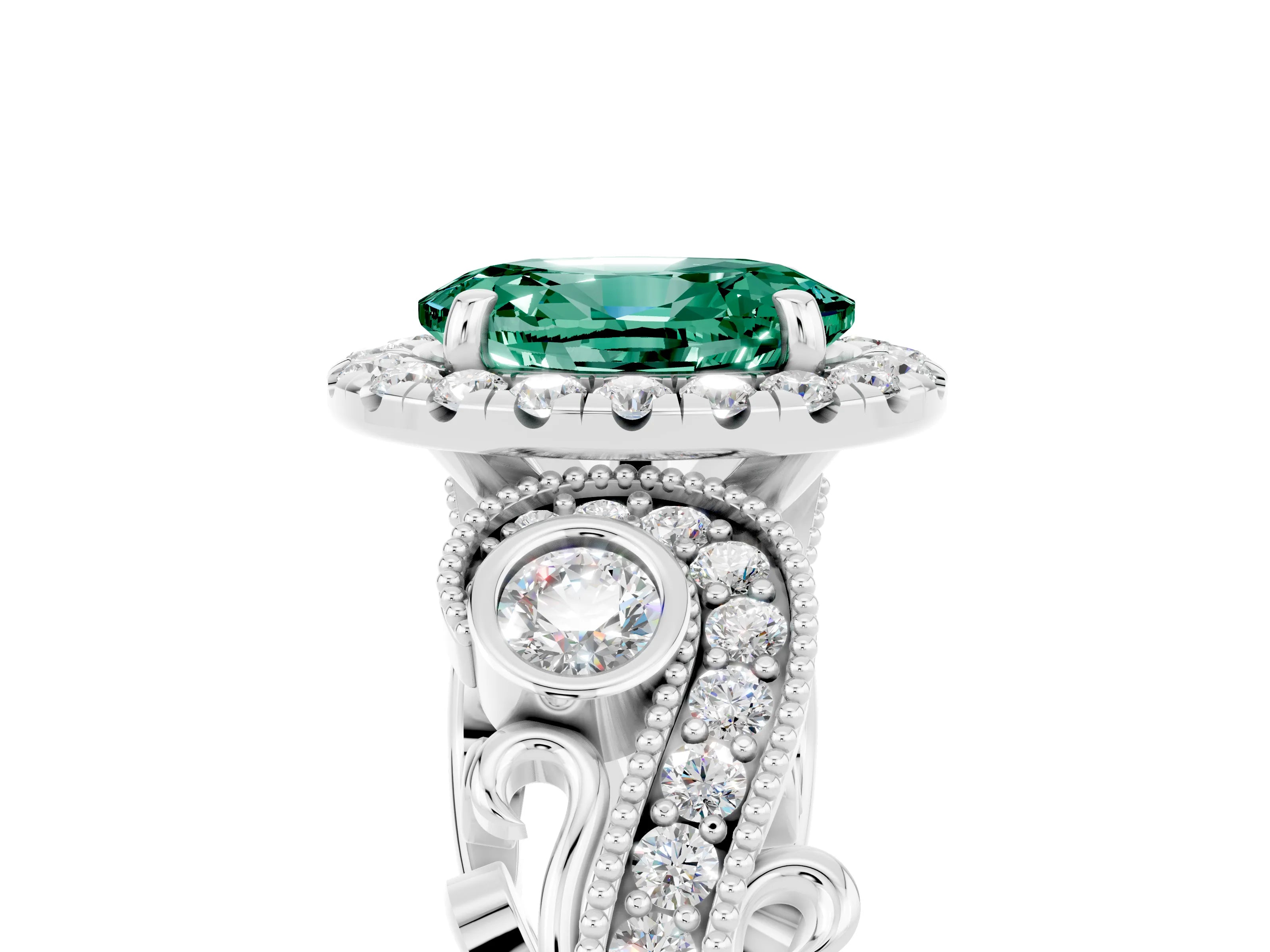 White gold Oval Cut Green Sapphire Halo Ring with Milgrain Pavé Band and Four-Prong Setting_17