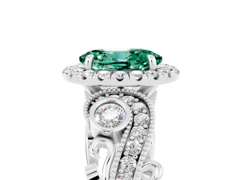 White gold Oval Cut Green Sapphire Halo Ring with Milgrain Pavé Band and Four-Prong Setting_17
