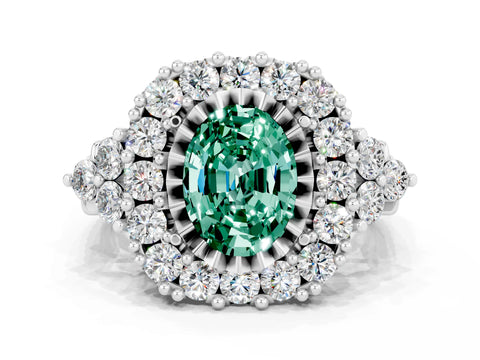 White gold Oval Cut Green Sapphire Halo Ring with Pavé Band and Four-Prong Setting_12