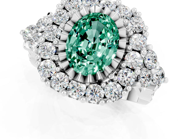 White gold Oval Cut Green Sapphire Halo Ring with Pavé Band and Four-Prong Setting