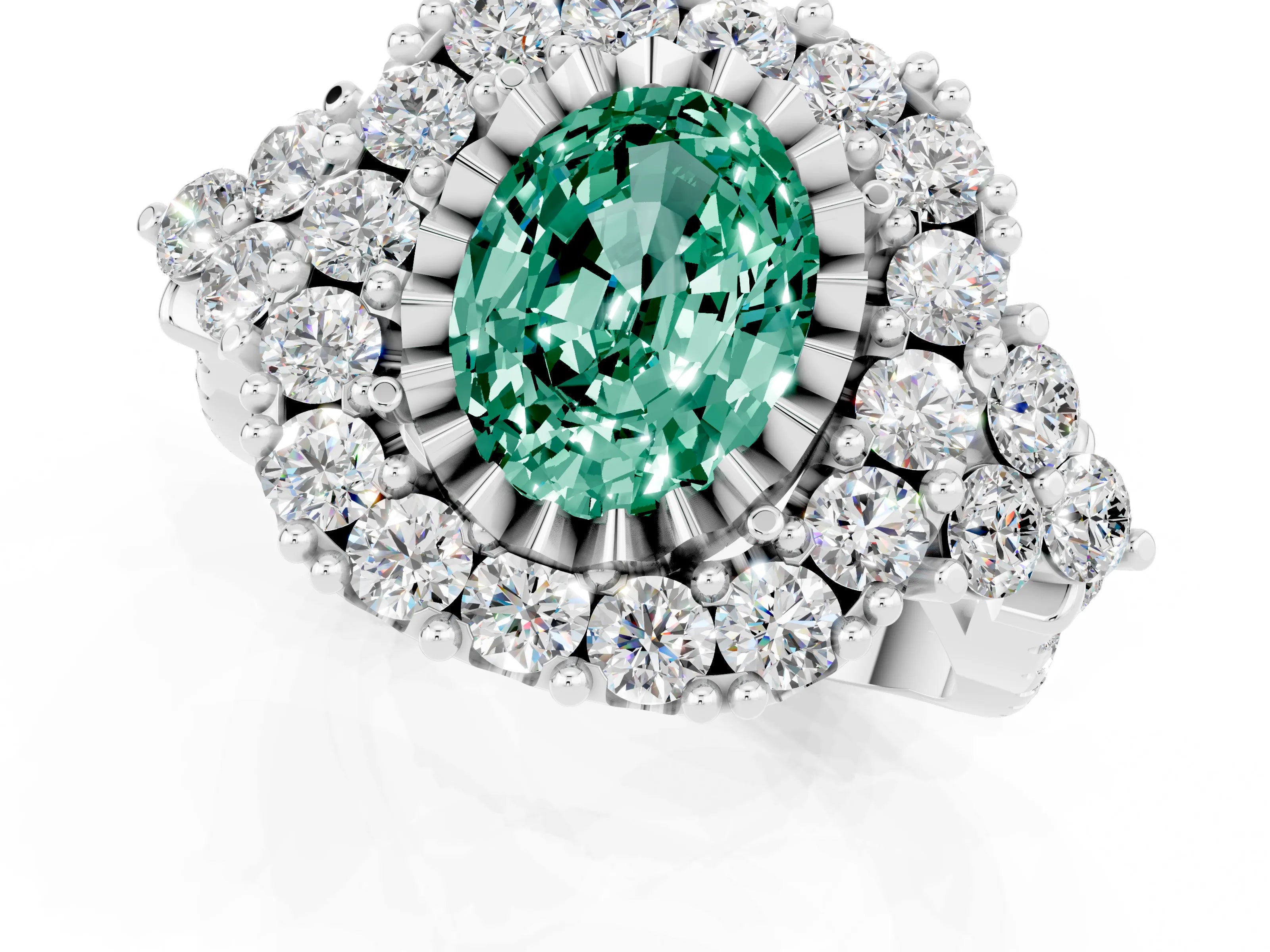 White gold Oval Cut Green Sapphire Halo Ring with Pavé Band and Four-Prong Setting_13