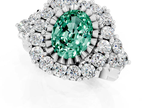 White gold Oval Cut Green Sapphire Halo Ring with Pavé Band and Four-Prong Setting_13