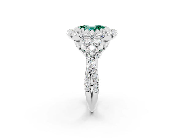 Platinum Oval Cut Green Sapphire Halo Ring with Pavé Band and Four-Prong Setting