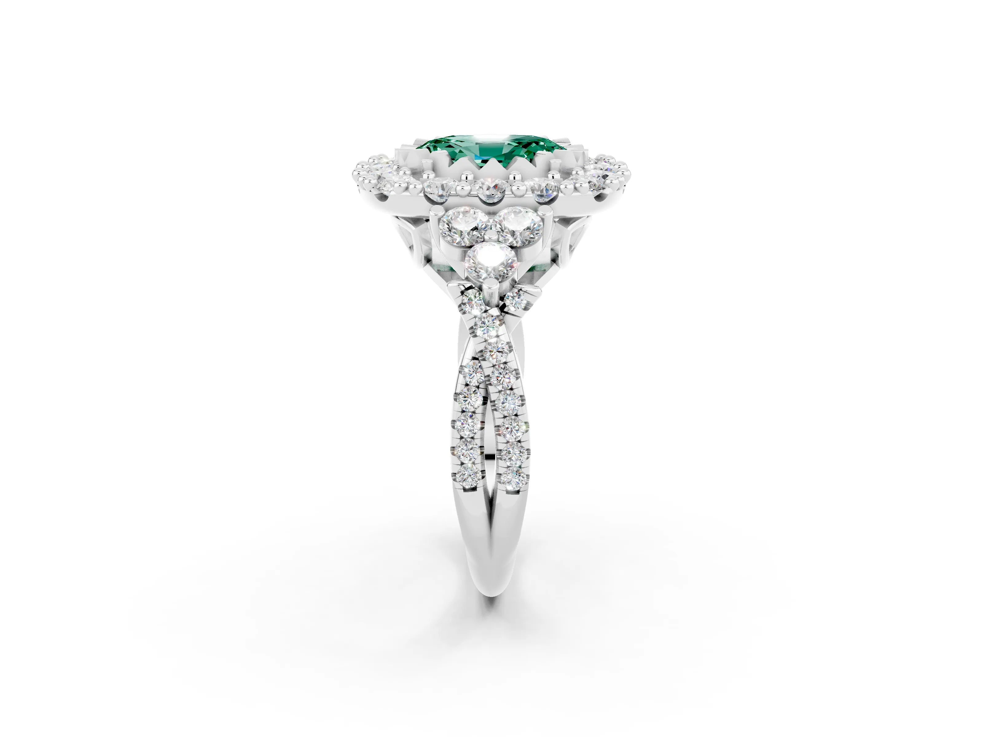 White gold Oval Cut Green Sapphire Halo Ring with Pavé Band and Four-Prong Setting_14