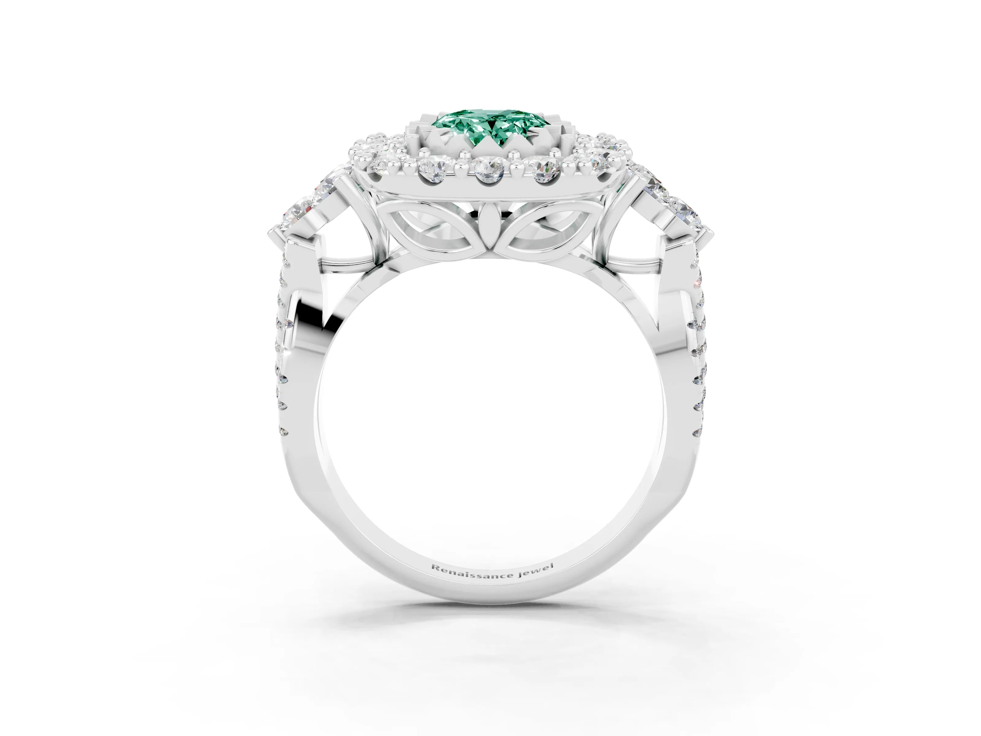 White gold Oval Cut Green Sapphire Halo Ring with Pavé Band and Four-Prong Setting_15