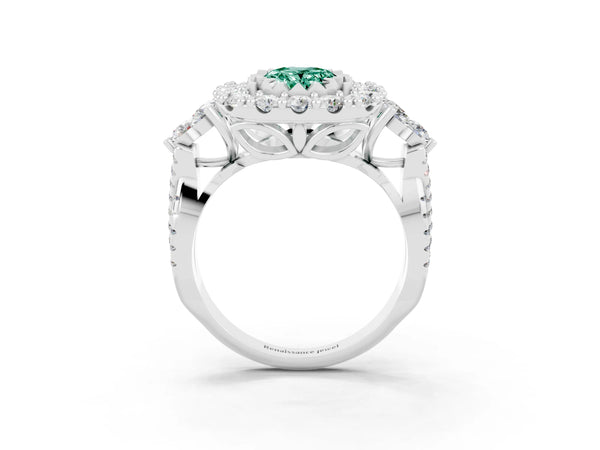 Silver Oval Cut Green Sapphire Halo Ring with Pavé Band and Four-Prong Setting