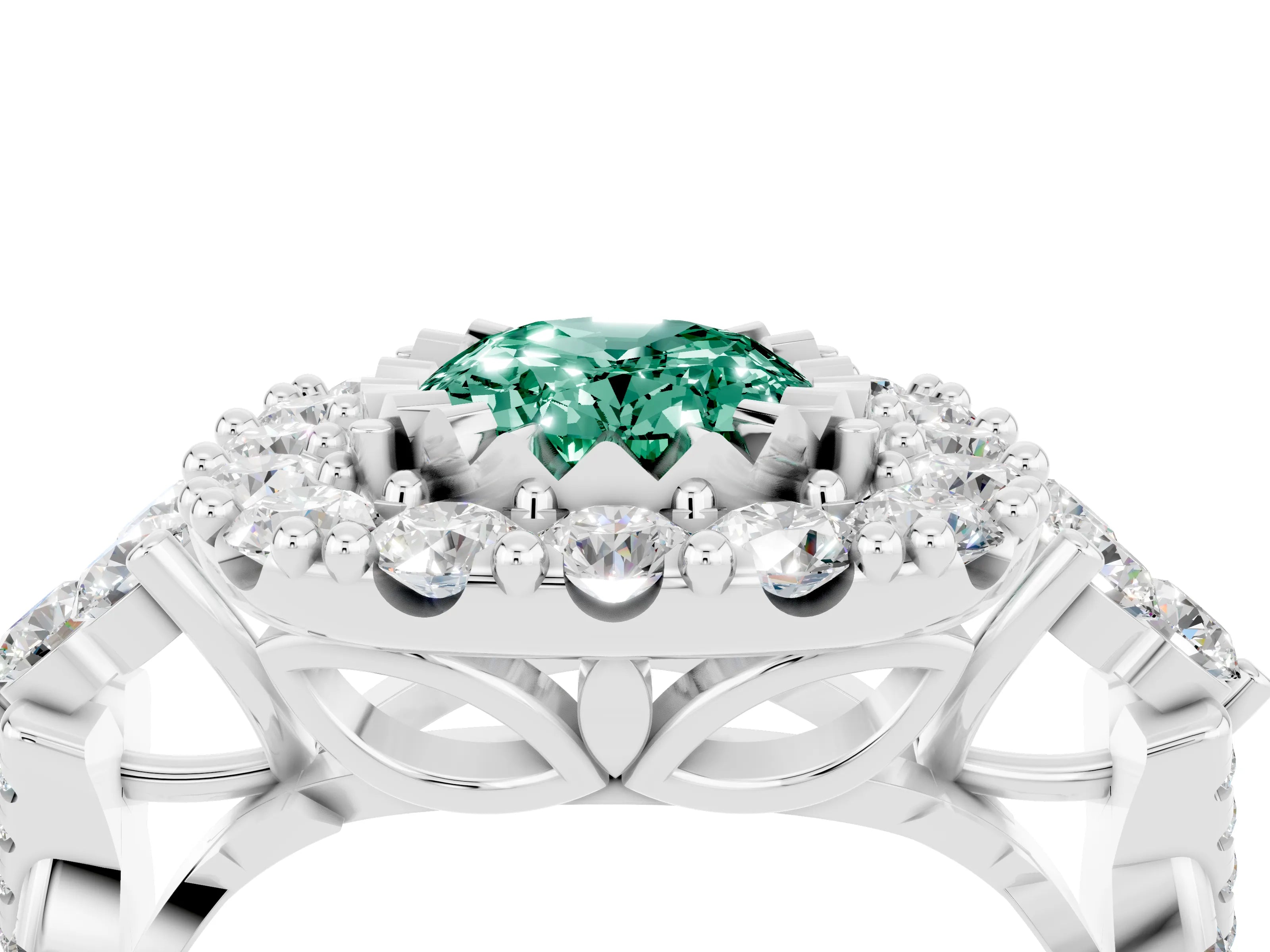 White gold Oval Cut Green Sapphire Halo Ring with Pavé Band and Four-Prong Setting_16