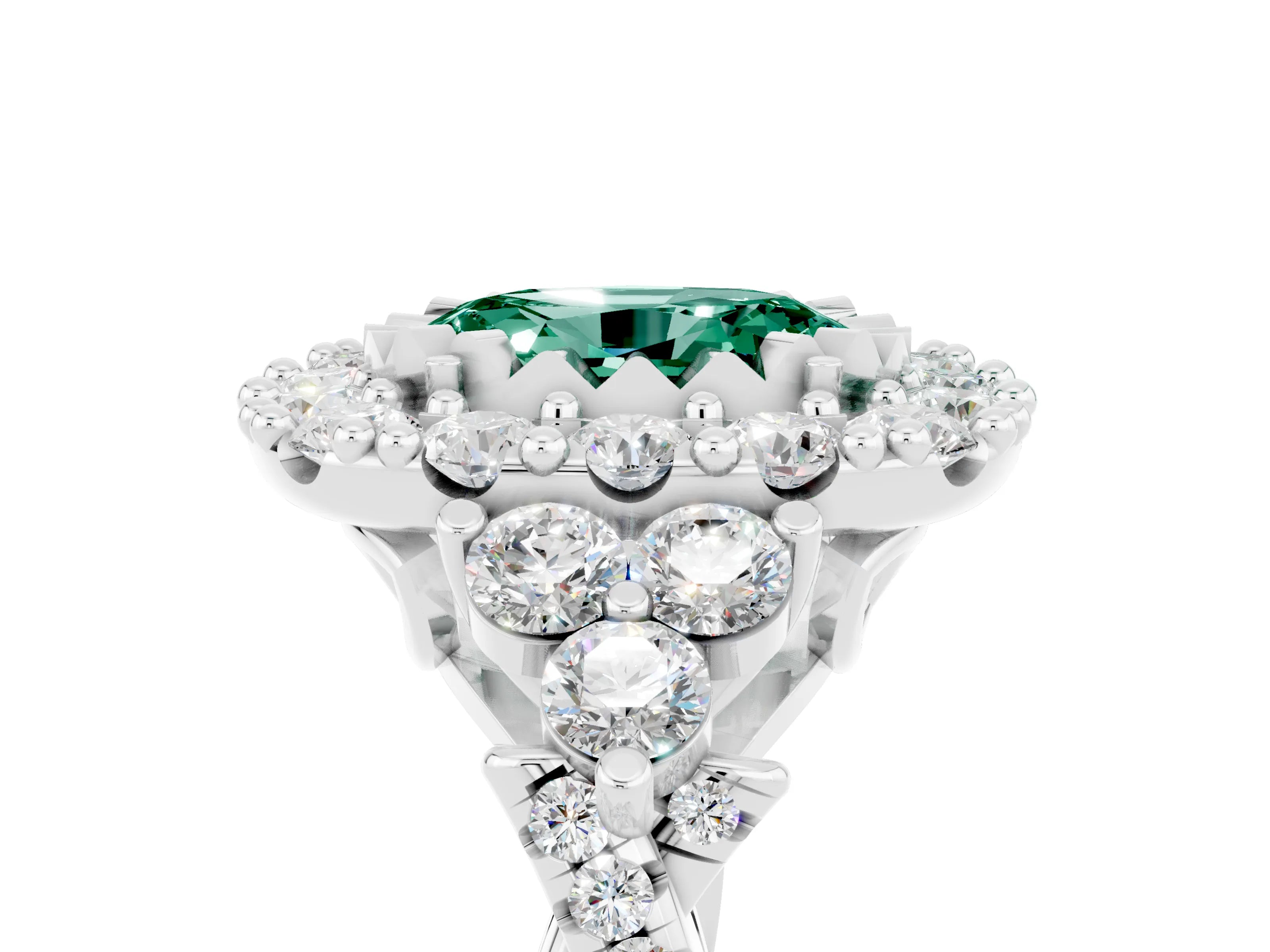 White gold Oval Cut Green Sapphire Halo Ring with Pavé Band and Four-Prong Setting_17